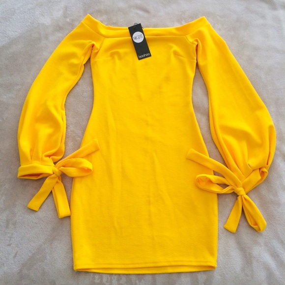 BOOHOO Yellow Bodycon - Off shoulder with cuff - Picture 4 of 10